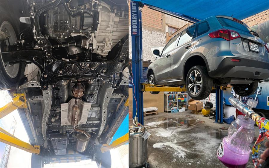 Lavado de chasis elevado en máquina ROTARY LIFT. Max Wash D'Durand, San Martín de Porres.